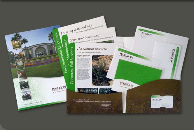 Presentation folder, business cards, sell sheets, letterhead, notecard and envelopes for the corporate office and six comapny divisions for Mission Landscape Companies