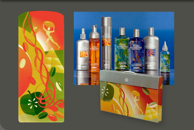 Vital Nutrients product line label packaging, banner, and prepack case illustrations for Matrix Essentials, Inc.